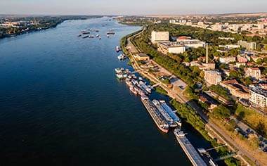 An aerial view of the Danube River in Rousse, Bulgaria